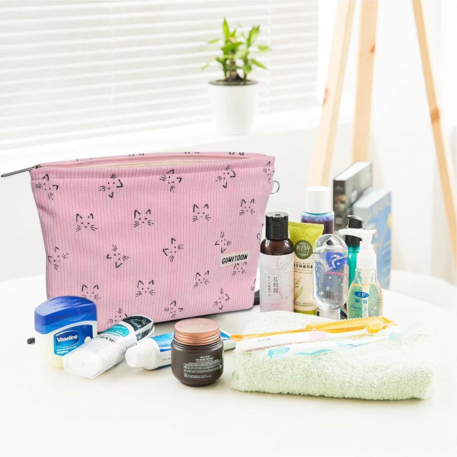 2Pcs Cosmetic Bags,Makeup Bag for Women,Aesthetic Organizer Toiletry Bags,Travel Essentials,Travel Size Toiletries,A Small Make up Bag and a Big Make up Bag(Pink Cat)