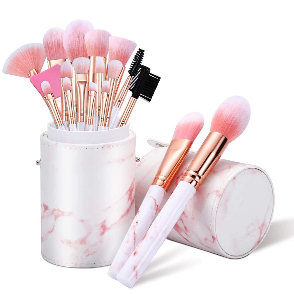 Makeup Brushes Set  16PCS Marble Make up Brushes Foundation Eyeshadow Concealer Eyebrow Blush Face Mask Brush Set with Gift Box Make up Tool（Pink)