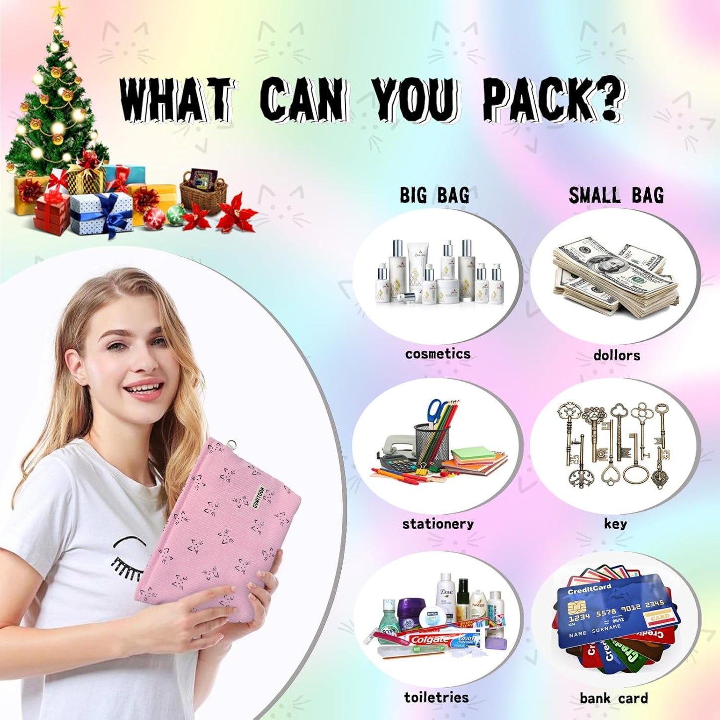 2Pcs Cosmetic Bags,Makeup Bag for Women,Aesthetic Organizer Toiletry Bags,Travel Essentials,Travel Size Toiletries,A Small Make up Bag and a Big Make up Bag(Pink Cat)